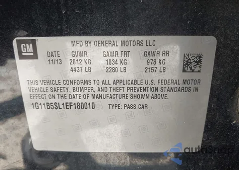 2014 Chevrolet Malibu 1Ls из США, поврежденный, VIN 1G11B5SL1EF180010